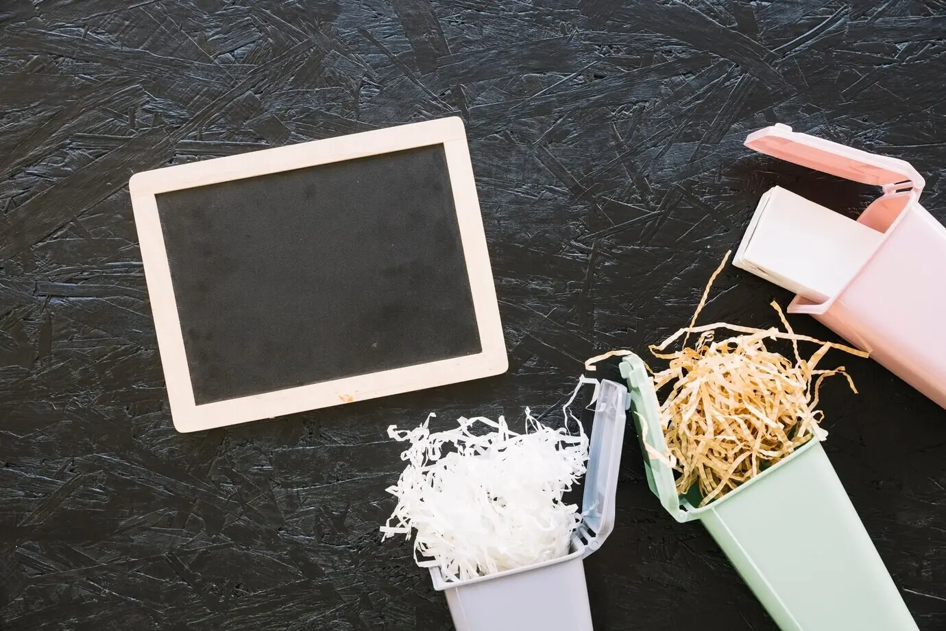 Blick von oben auf eine Schieferplatte neben einem Miniatur-Mülleimer, der mit Holzspänen gefüllt ist, und einer Flasche.